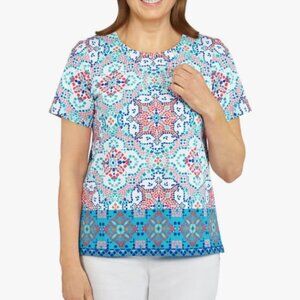 Alfred Dunner Women's Medallion Blue Orange White Pink Border Mosaic Print Top L